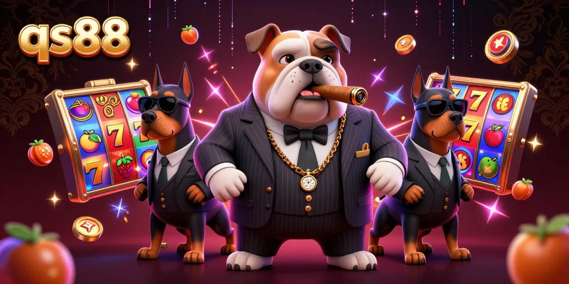 Experience the thrill of qs88 with a vibrant 3D casino scene featuring cartoon characters and slot machines.