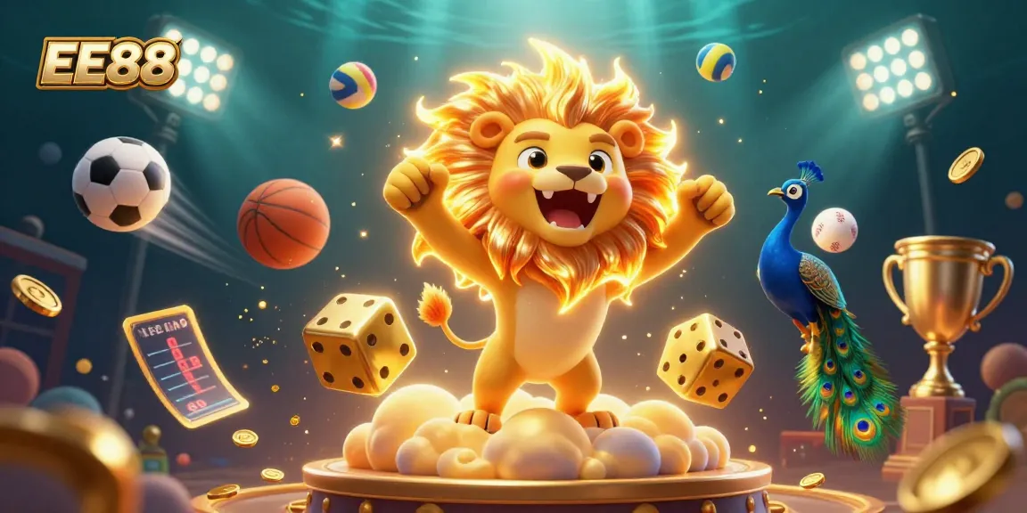 Experience the thrill of EE88 sports betting with a dynamic 3D cartoon illustration featuring a sun lion and colorful sports elements.