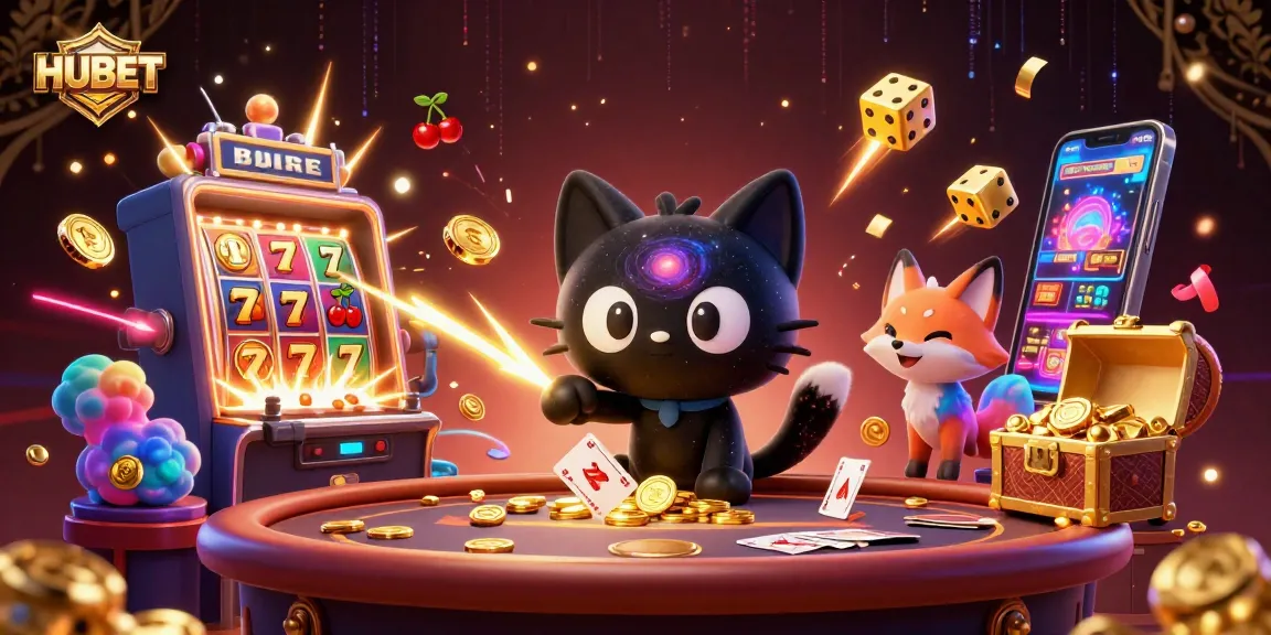 HUBET transforms gaming with a cosmic casino where lucky cats pull in chips amid a jackpot explosion.