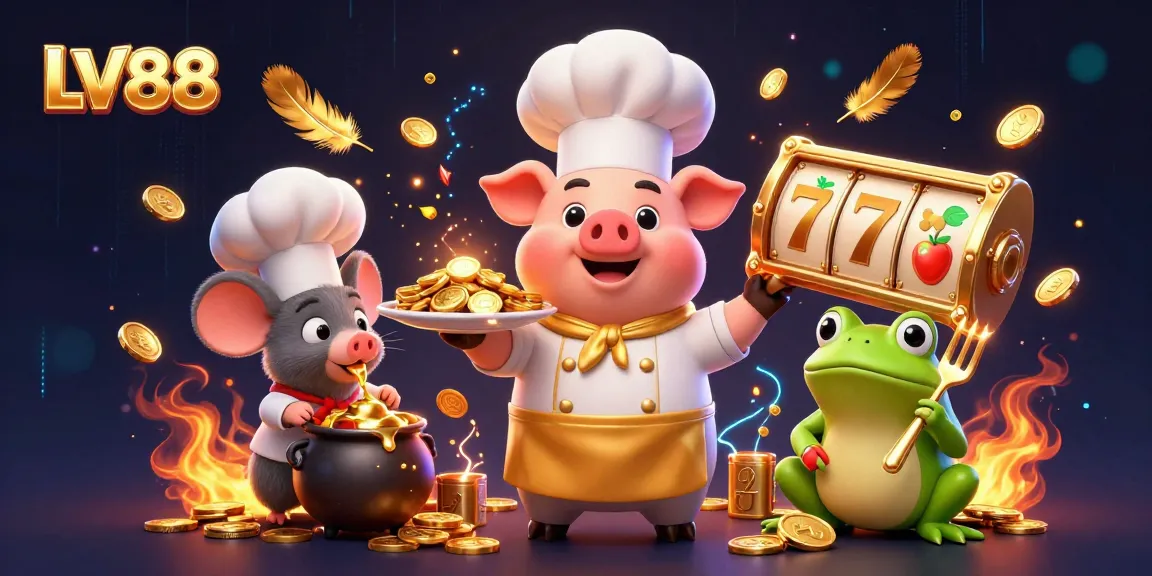 Engage in LV88 betting excitement with chef pig serving gold coins and thrilling slot elements.