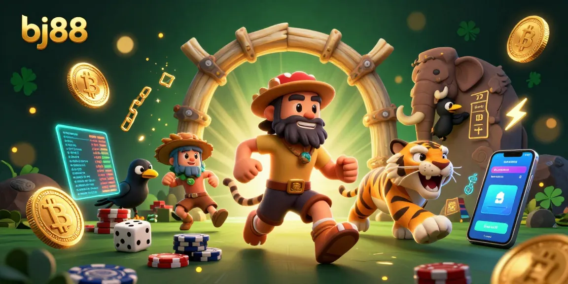 Engage with bj88 in a vibrant prehistoric casino scene featuring unique characters and elements.