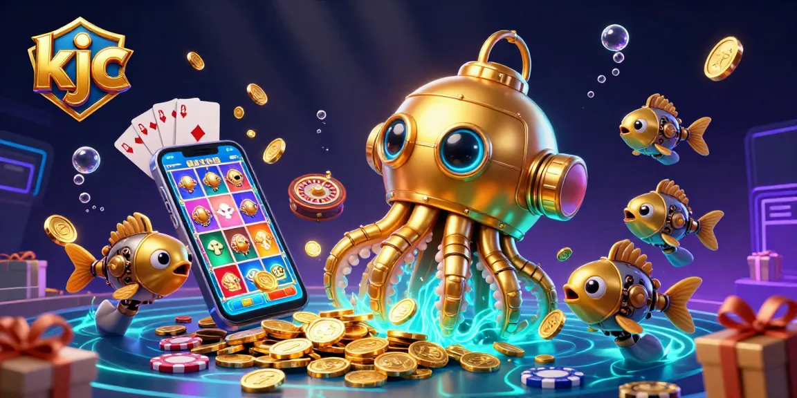 Play slots and win with kjc, featuring a vibrant golden kraken submarine surrounded by casino elements.