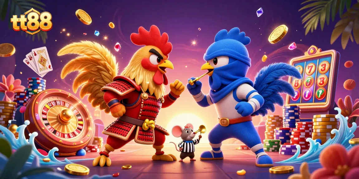 Experience the thrill of tt88 with dynamic fighting roosters amidst a vibrant casino atmosphere.
