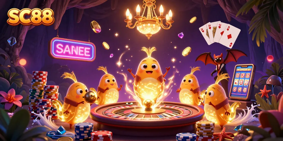 SC88 illuminates a vibrant casino scene with glowworms and casino elements, enticing players.