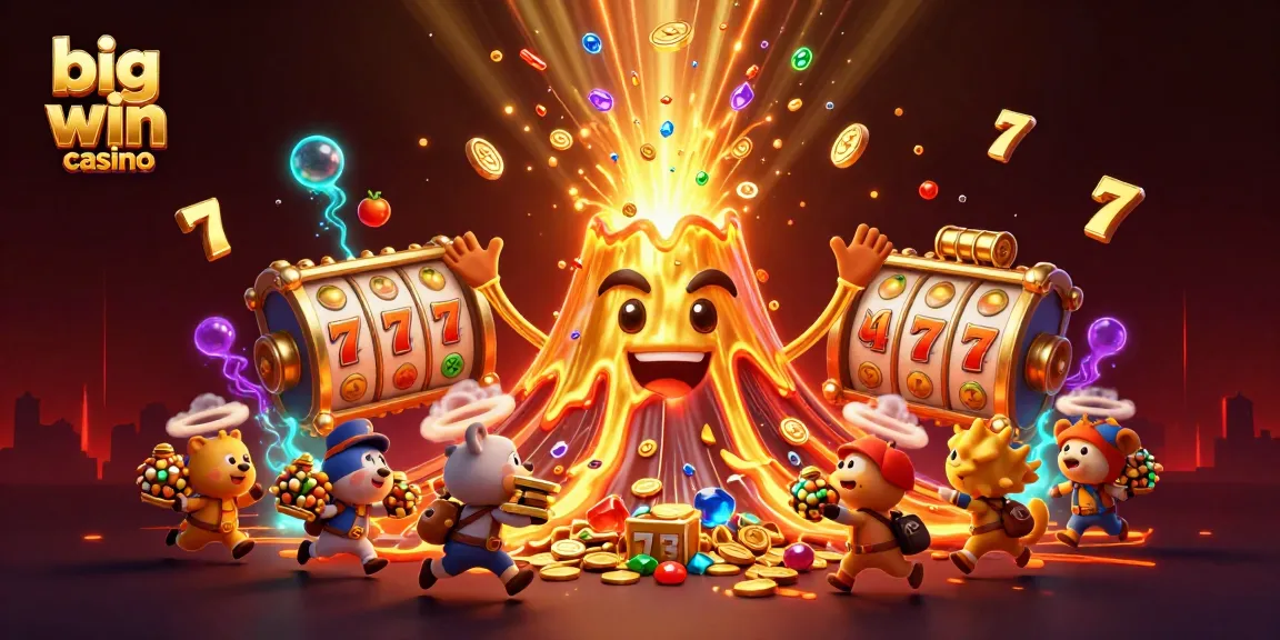 Win big at big win casino with vibrant slot reels and coins overflowing from a golden volcano.