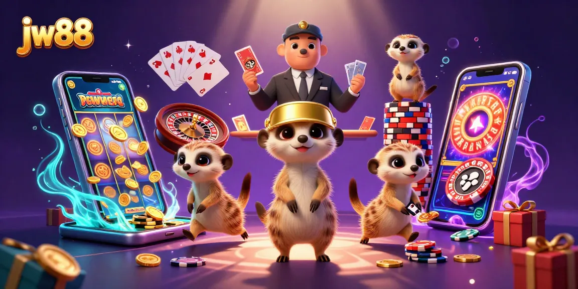 Experience energetic gaming with jw88 as meerkats run a casino operation, winning chips in a colorful, vibrant scene.