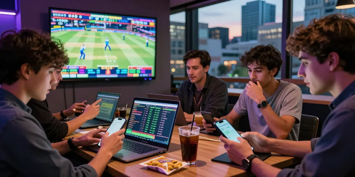 Exciting Fairplay24 online betting scene with young adults engaging in live cricket matches, showcasing a vibrant atmosphere.