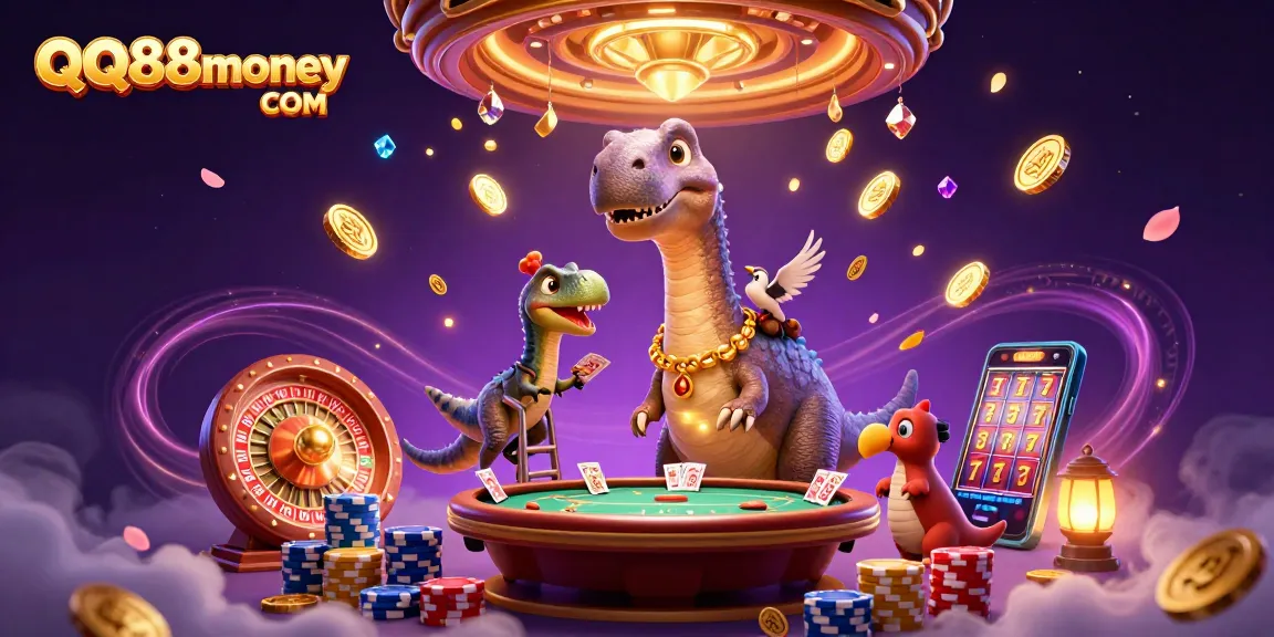 Engage with QQ88money COM in an energetic casino scene featuring charming characters, sparkling gems, and vibrant action.