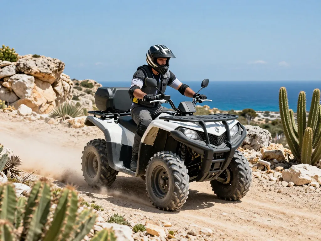 Loncin Cyprus ATV navigating rocky terrain with Mediterranean backdrop, showcasing outdoor adventure.