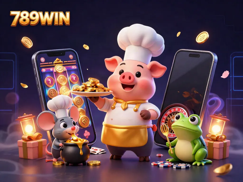 Experience thrilling 789WIN gaming excitement as a chef serves gold coins, with vibrant casino elements.