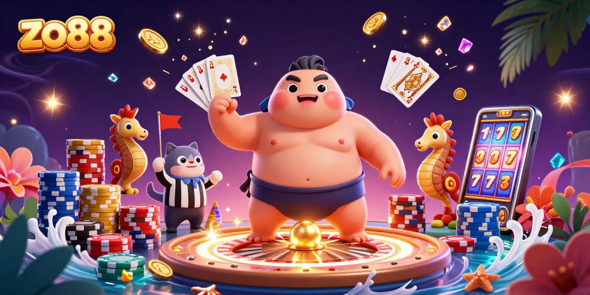 Play exciting casino games at zo88 with a dynamic underwater illustration featuring a puffed-up fugu and gaming elements.