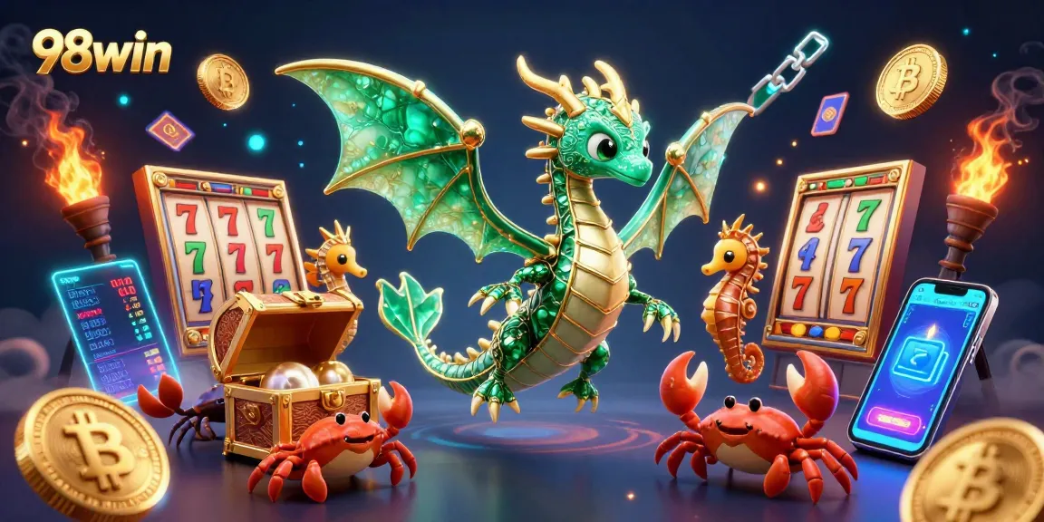 Engage with 98win's vibrant slots gameplay featuring incredible illustrations of sea creatures and treasures.