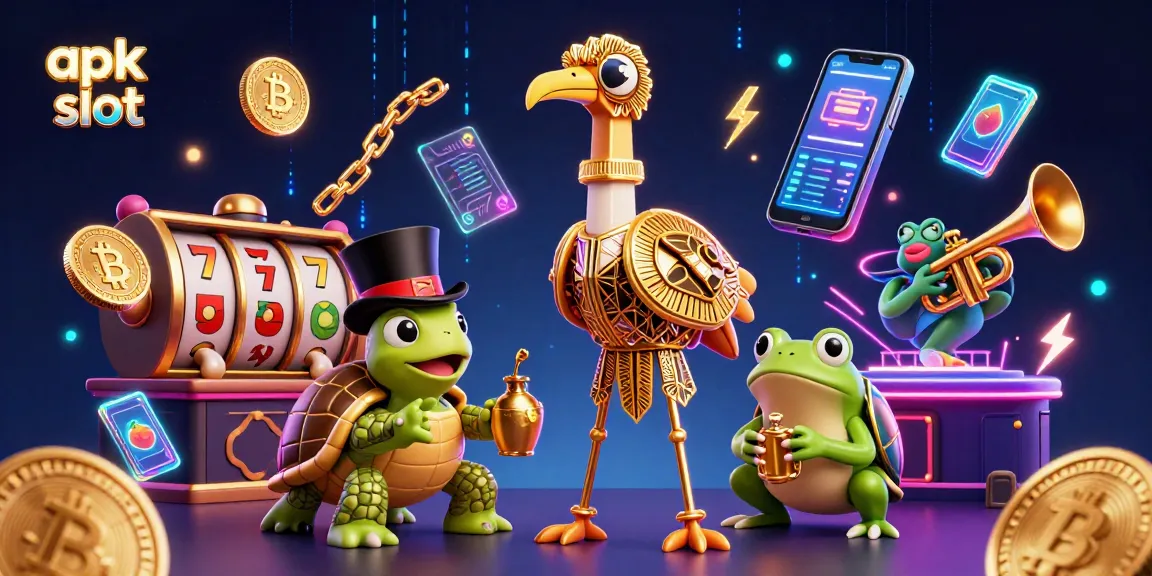 Gambarkan momen menarik saat bermain apk slot dengan simbol keberuntungan dan koin crypto yang berkilau.