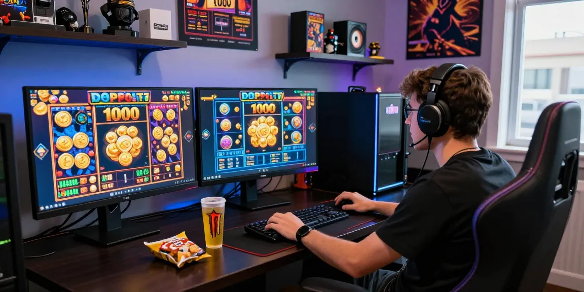 Player immersed in a slot deposit 1000 gaming experience with vibrant slot graphics, energy drinks, and gaming memorabilia.
