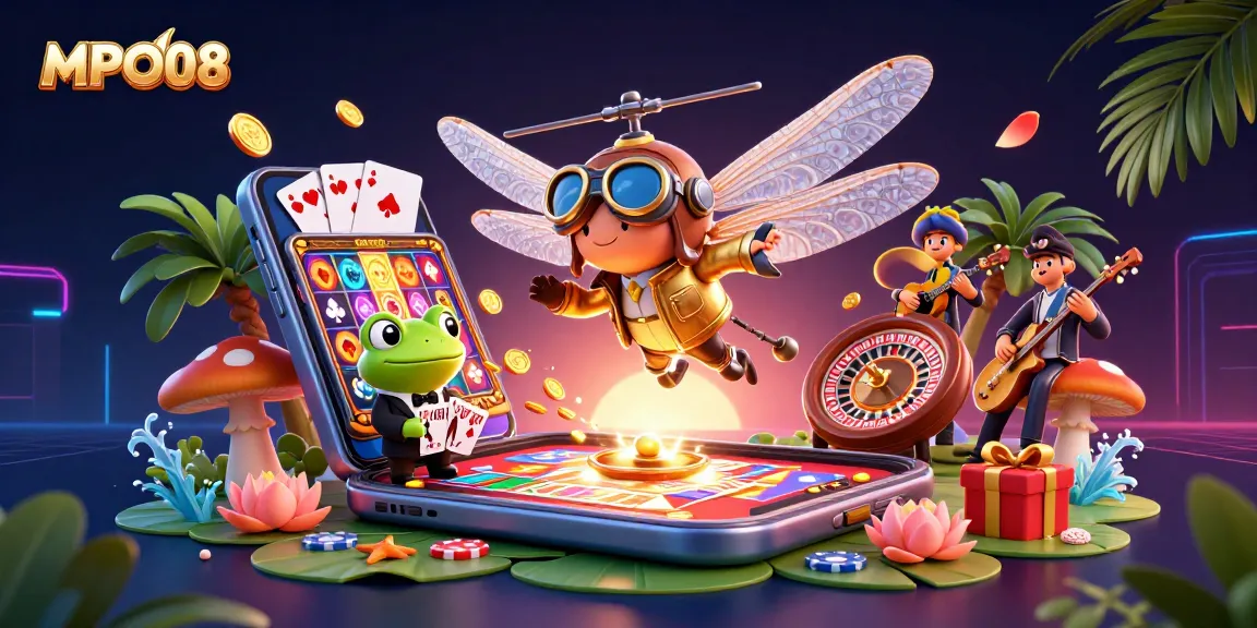 MPO08 offers thrilling gaming with a vibrant, interactive scene featuring a pilot, croupier, and musicians.