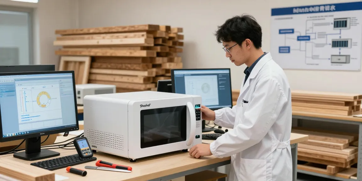 Technician operating Shashel microwave device for effective woodworm elimination.