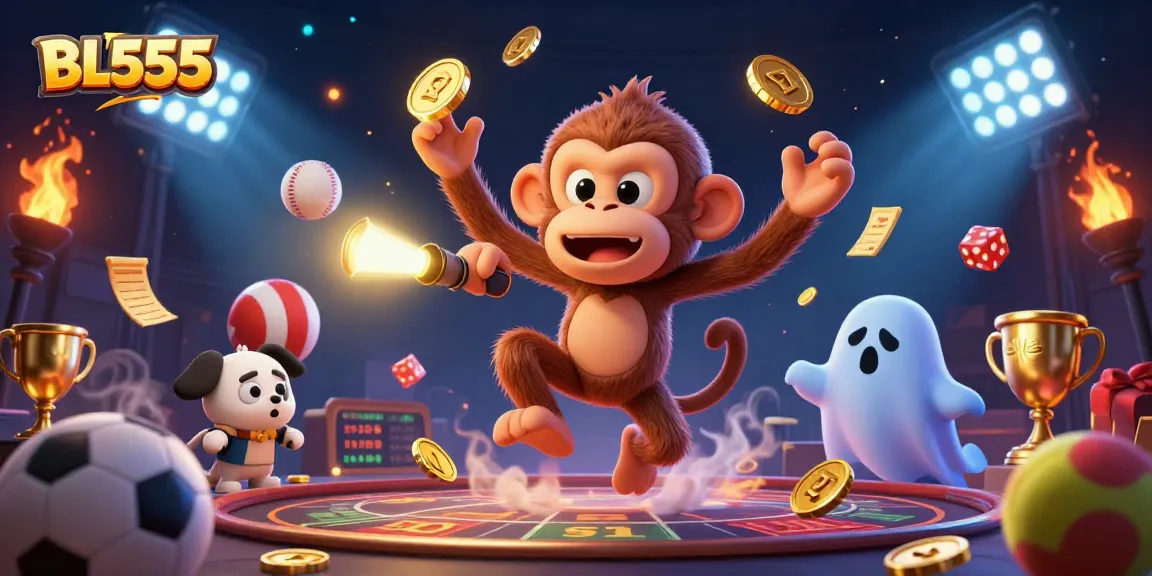 Experience thrilling gaming at BL555 while a playful monkey juggles golden coins in a haunted casino.
