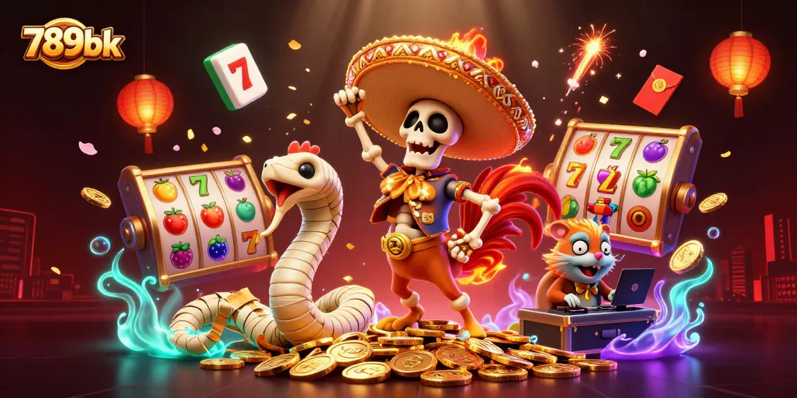 Experience thrilling gaming at 789bk with a vibrant 3D casino scene featuring a festive rooster and more.