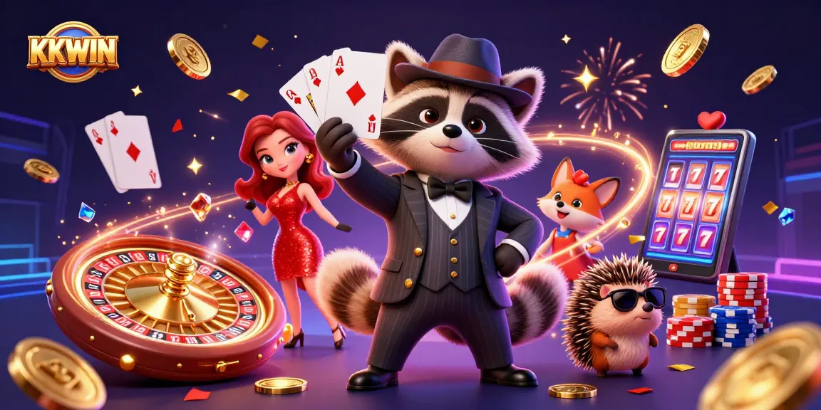 Celebrate winning moments with KKWIN at an exciting casino scene featuring dynamic characters and vibrant gaming elements.