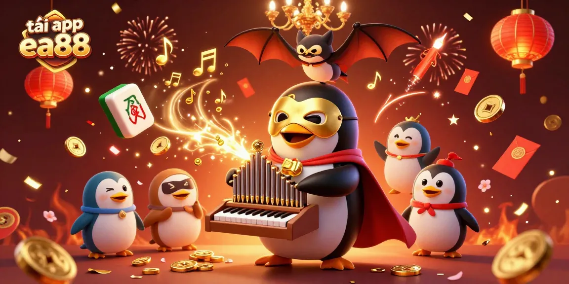Experience the excitement of tải app ea88 with a dynamic 3D casino scene featuring a penguin and festive elements.