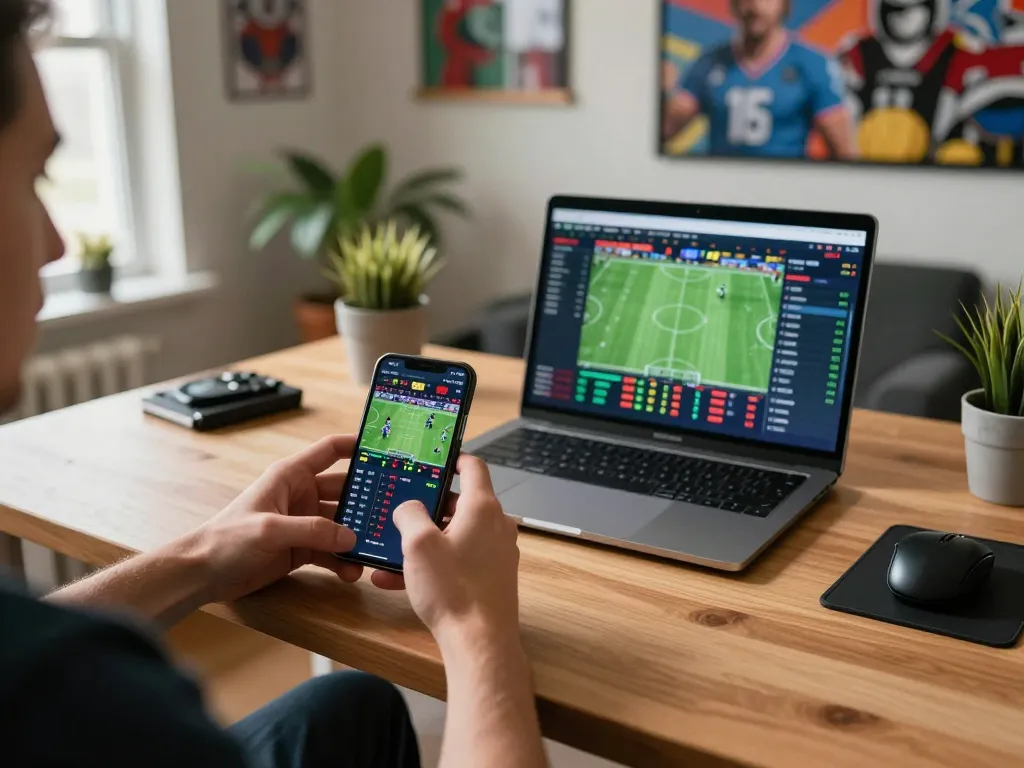 Engaging mobile sports betting scene showcasing nhà cái mb66 on smartphone and laptop with vibrant atmosphere.