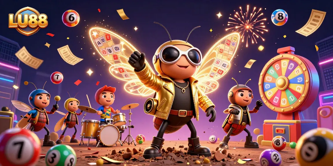 LU88 reveals a vibrant scene of gaming excitement with a rock star cicada and festive gambling elements