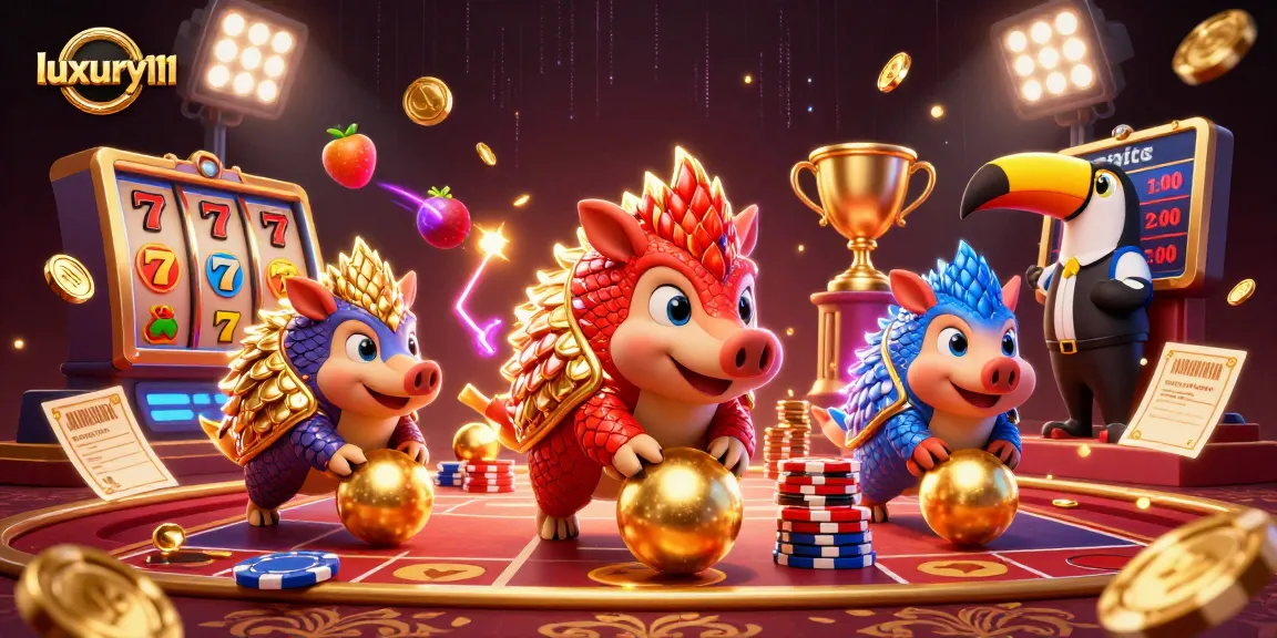 A thrilling game scene with luxury111 as rival armored pangolins interact in an exciting casino environment.