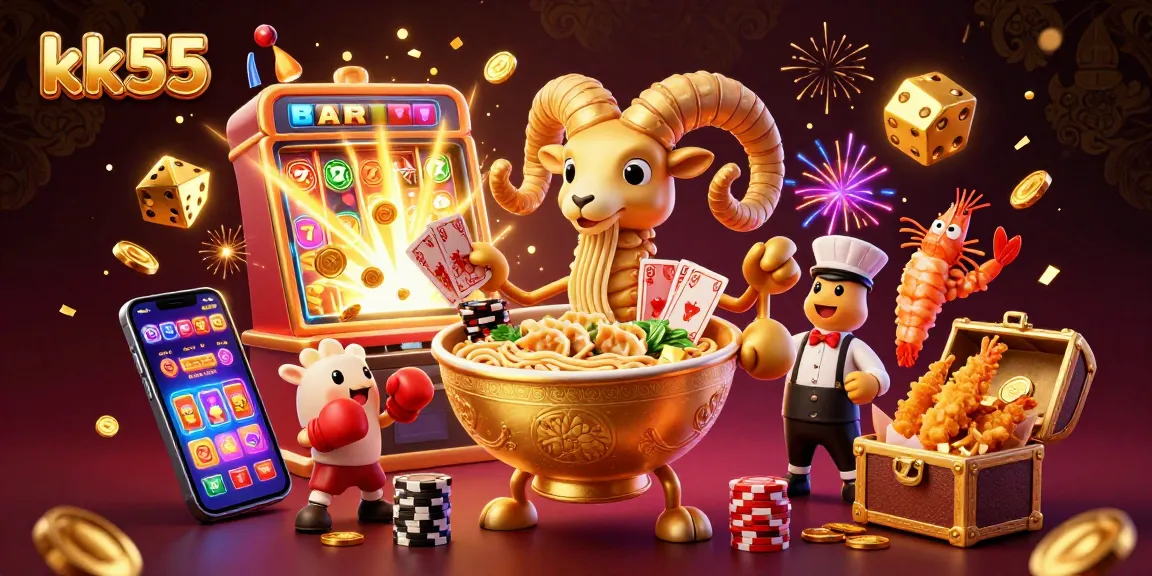 Engage with the thrilling world of kk55 casino games featuring a vibrant 3D illustration of a ramen bowl dealer and dynamic game elements.