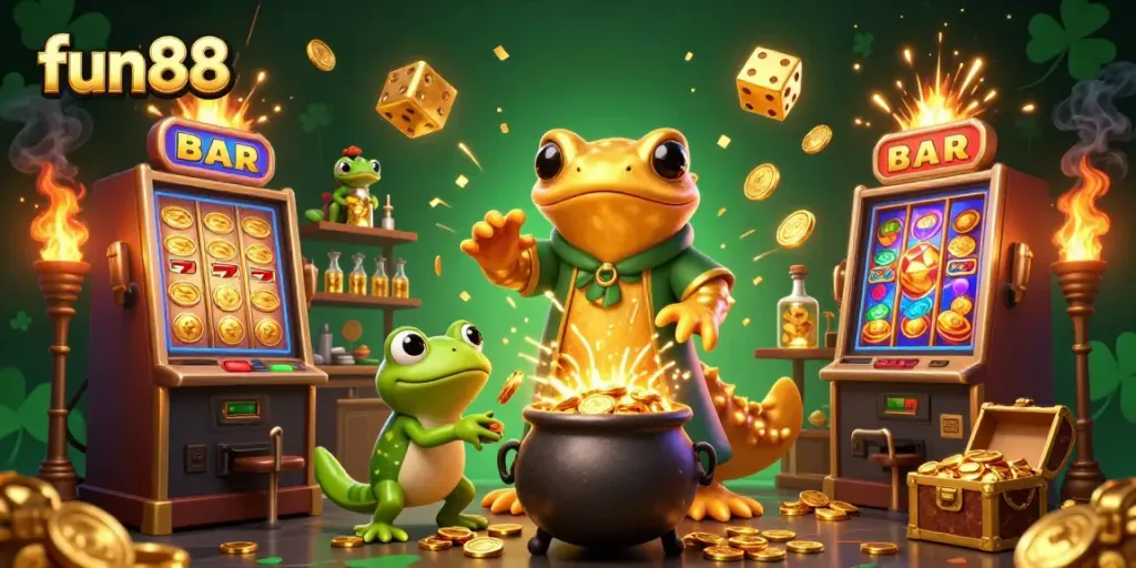 Experience the magic of fun88 with a vibrant 3D scene of alchemy and casino excitement!