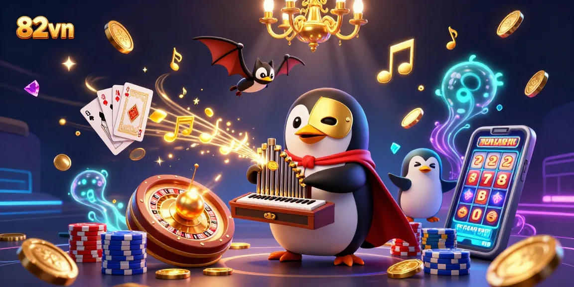 Spin the 82vn reels with excitement as golden coins and vibrant gems cascade from a whimsical casino scene.