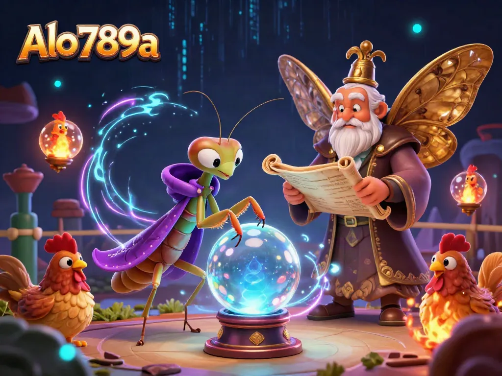 Alo 789a captivates players with a vibrant illustration of chicken fight arena elements and mystical characters.