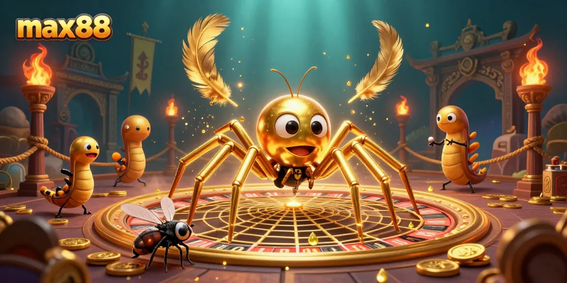 Play exciting games at max88 with a golden spider spinning a roulette wheel web