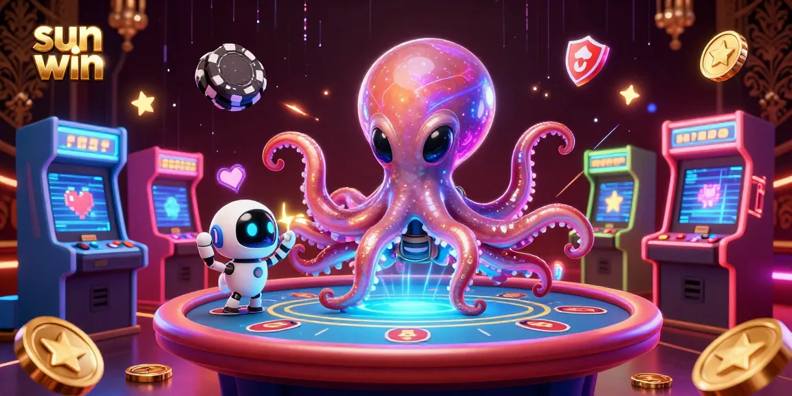 Engage with sun win's immersive casino experience through a vivid 3D scene featuring an octopus and robot at a poker table.