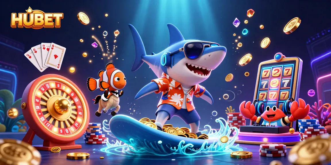 Surf thrilling with HUBET's cartoon characters amid gold coins and exciting casino elements.