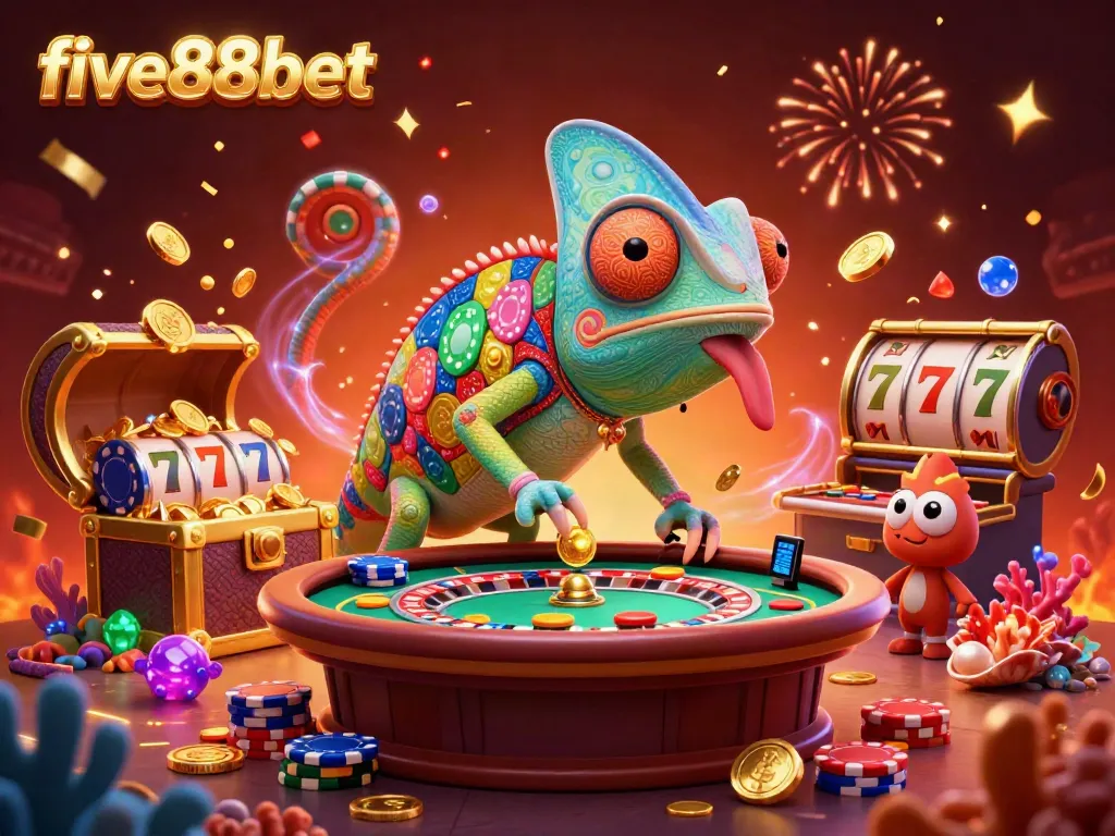 Experience thrilling gameplay with five88bet's dynamic casino scene featuring a chameleon owner.