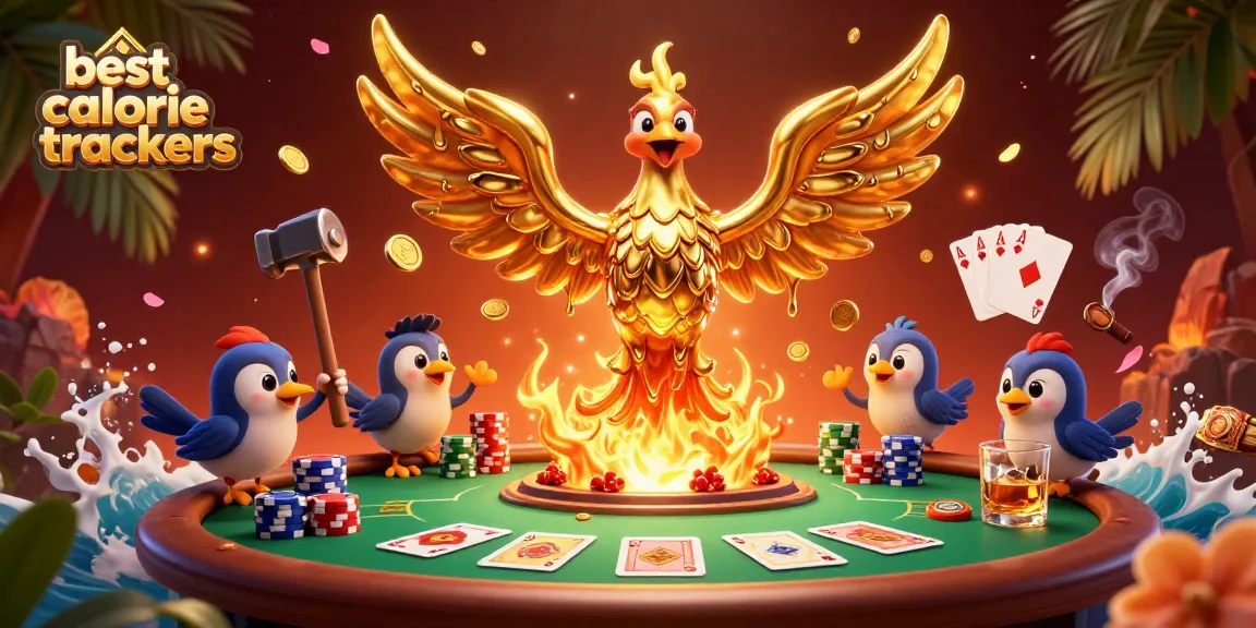 Unleash the best calorie trackers as a fiery golden phoenix soars over a poker table, showcasing dynamic betting elements.