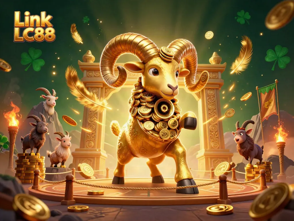 Experience thrilling gaming action with the Link LC88 golden ram charging through a vibrant casino arena.