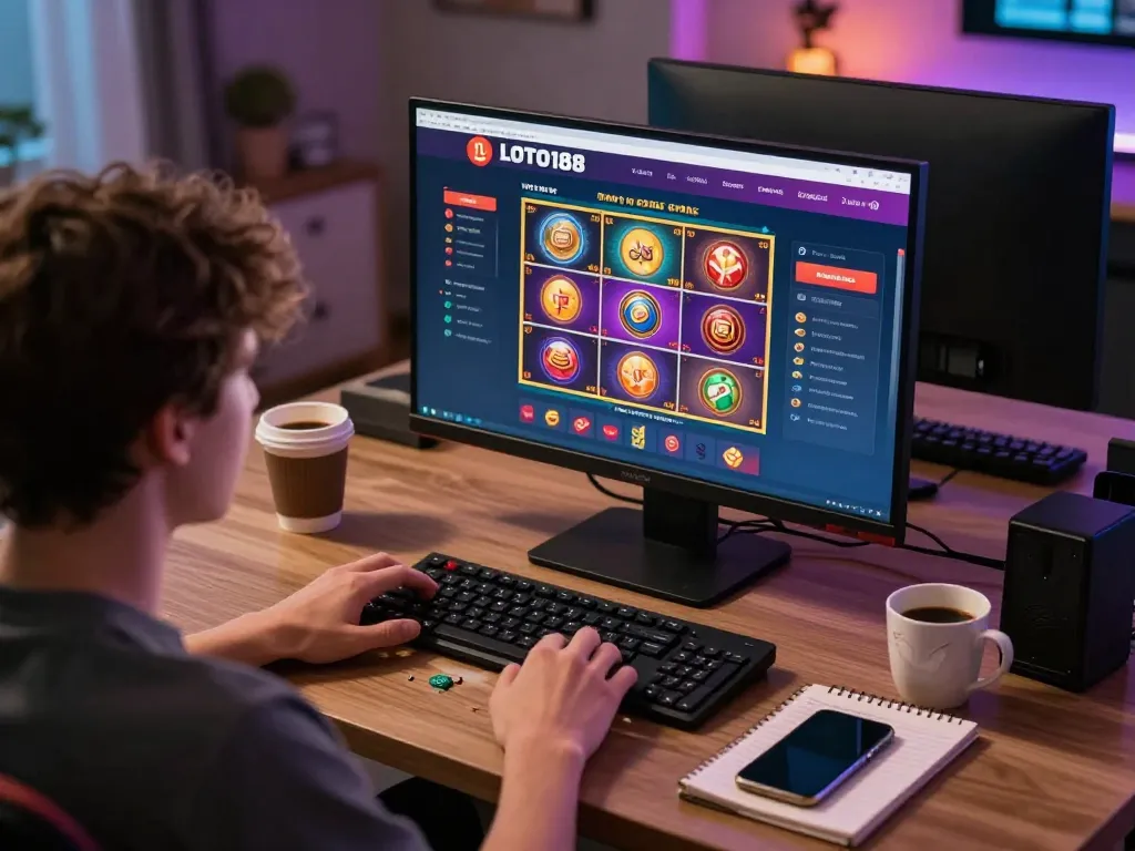 Person engaging with LOTO188 online gambling platform on computer in a cozy home office environment