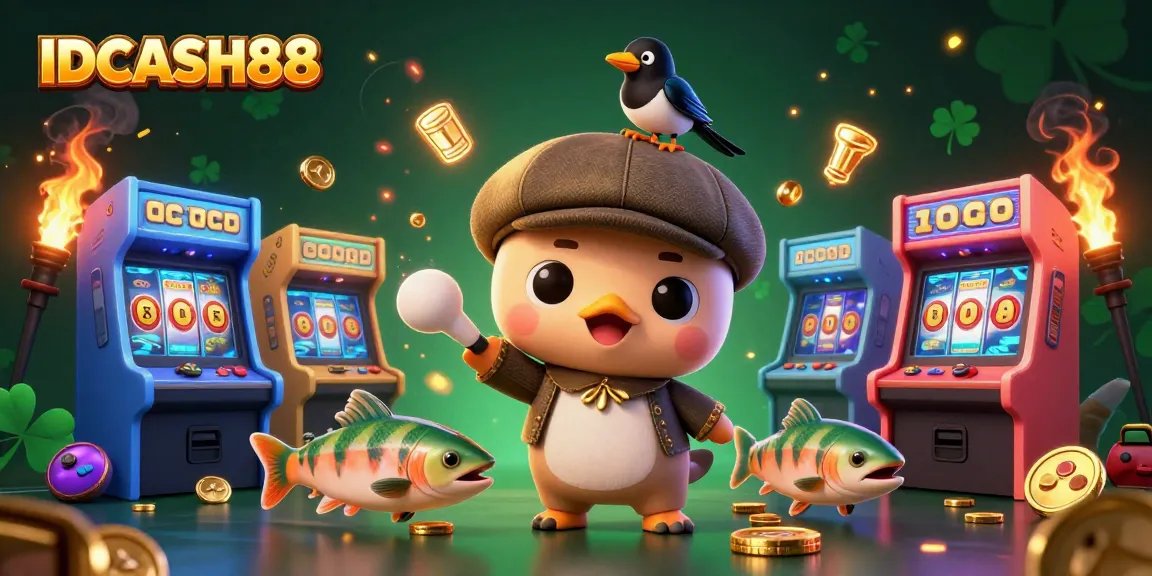 IDCASH88 casino illustration featuring playful characters and vibrant game elements around.