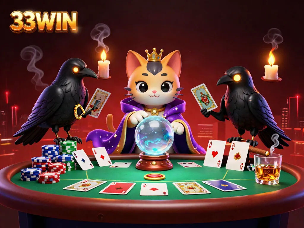 Engage with thrilling 33WIN gaming, featuring mystical creatures, vibrant poker elements, and an enchanting atmosphere.