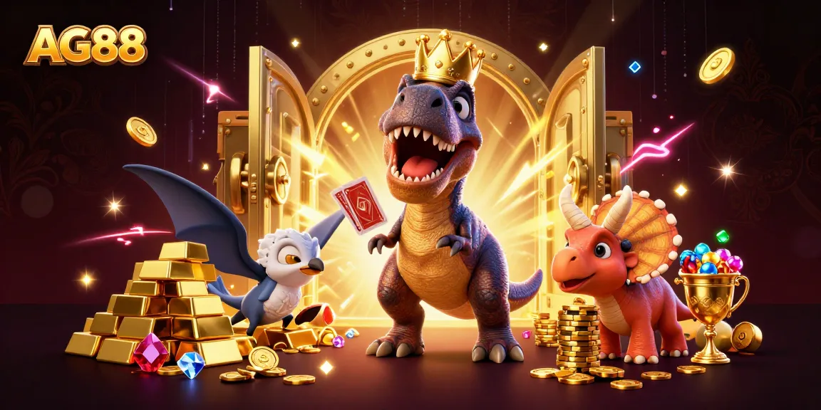 AG88 showcases a friendly T-Rex in a crown shuffling cards with a pterodactyl assisting, bringing casino fun.