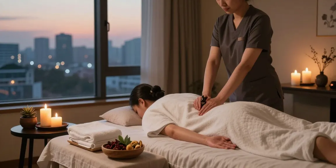 서울출장마사지 relaxation therapy session in serene hotel room with skilled therapist and essential oils