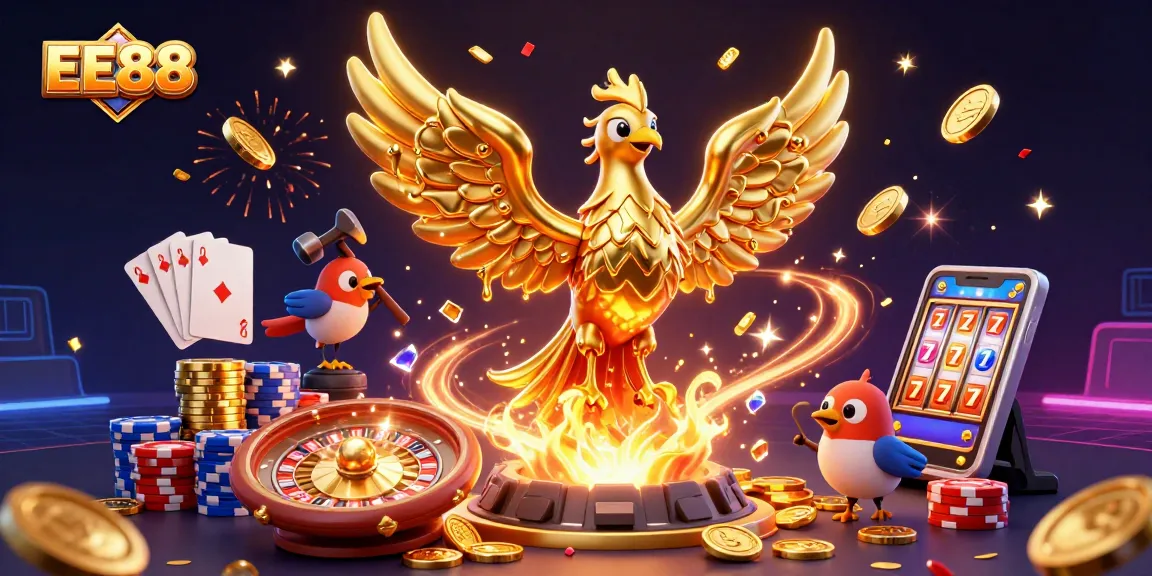 Play as a winner at EE88 with a vibrant 3D illustration of casino excitement and celebration.