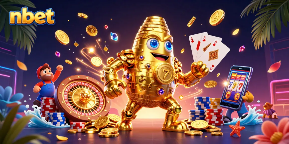 Experience thrilling gameplay with nbet's ancient golden golem amidst cascading coins and vibrant casino elements.
