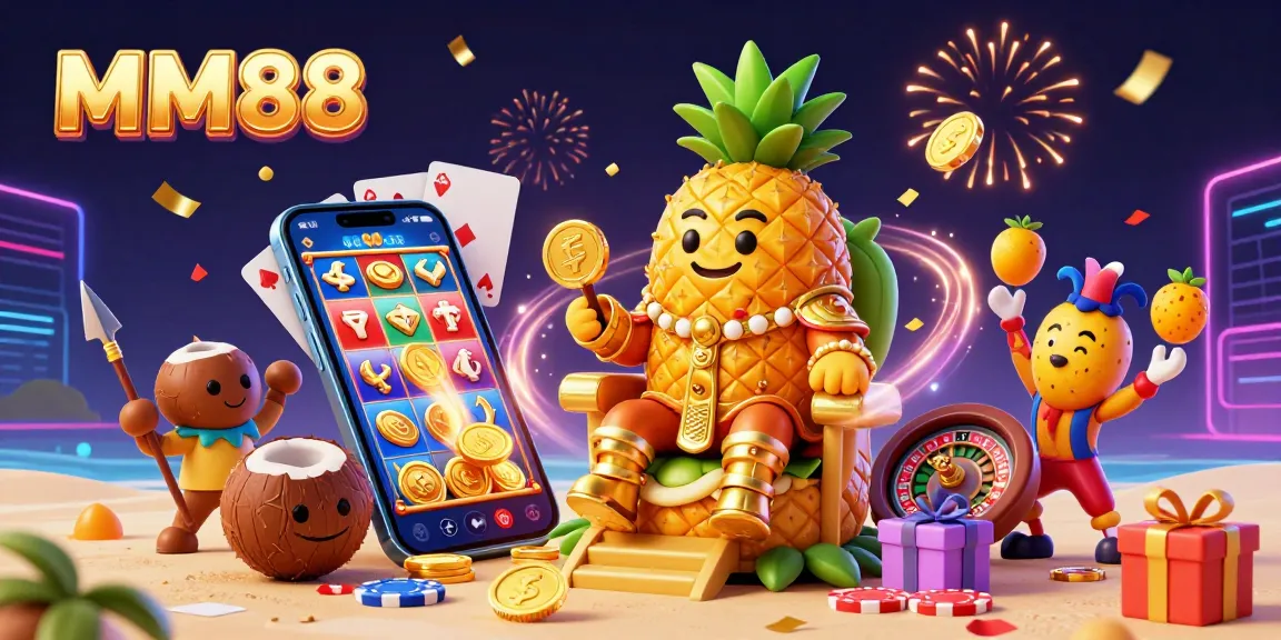 Engage with MM88 in this festive casino scene featuring a pineapple king and gaming elements.