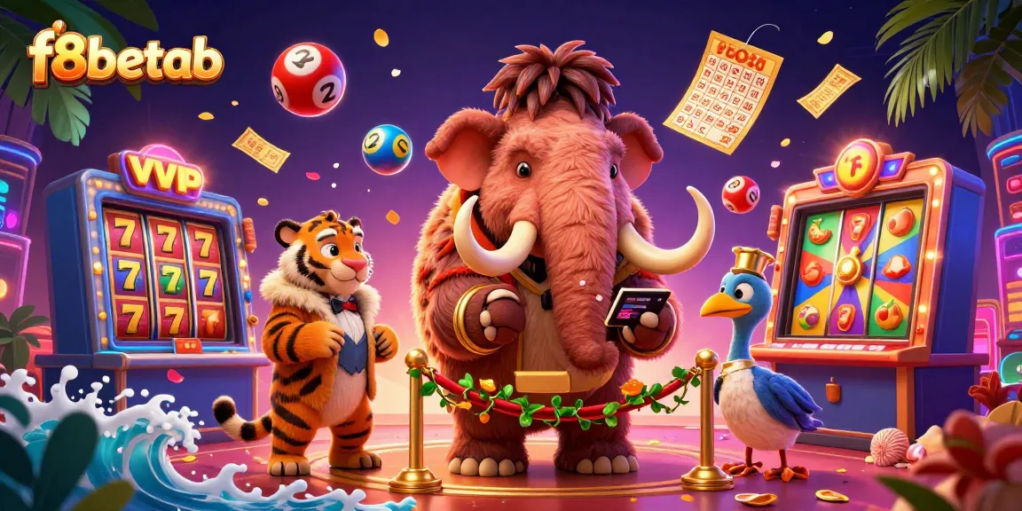 Experience the excitement at f8betab with vibrant lottery elements and engaging casino characters in a colorful illustration.