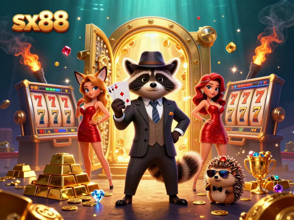 Experience winning with sx88 in a vibrant casino atmosphere featuring characters and piles of treasure.