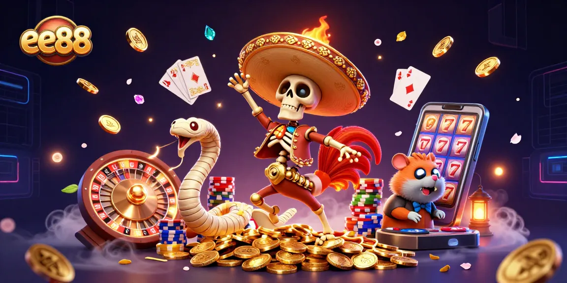 ee88 showcases a vibrant casino scene with a dancing skeleton rooster, gems, and roulette.