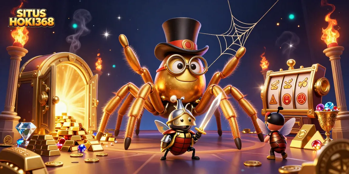 SITUS HOKI368 offers an adventurous view of a golden tarantula weaving a web of winnings amidst nmotic gaming elements.