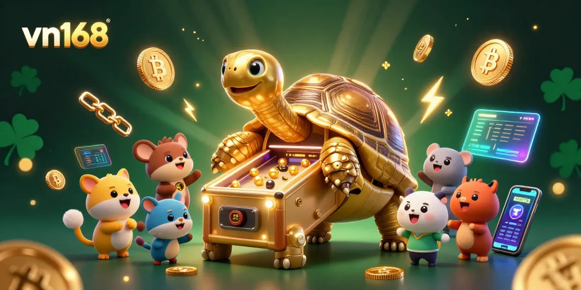 Experience excitement at vn168’s casino with a vivid scene of a golden tortoise pinball machine surrounded by vibrant crypto elements.